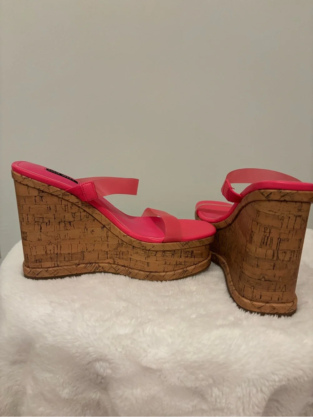 Nine West Neon Pink Cork Platform Wedge Sandals